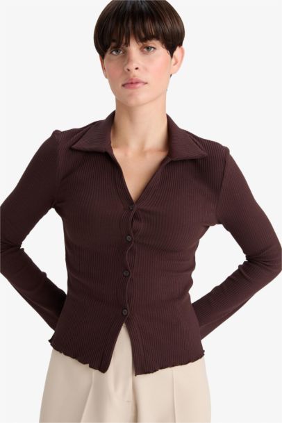 Cardigan slim côtelé à col polo