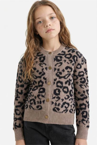 Girl Leopard Print Buttoned Cardigan