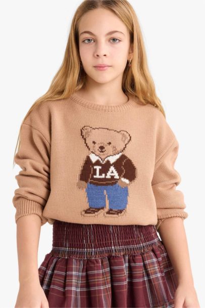 Girl Crew Neck Bear Printed Knit Pullover