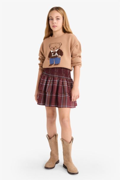 Girl Crew Neck Bear Printed Knit Pullover