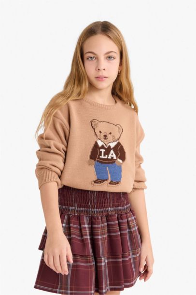 Girl Crew Neck Bear Printed Knit Pullover