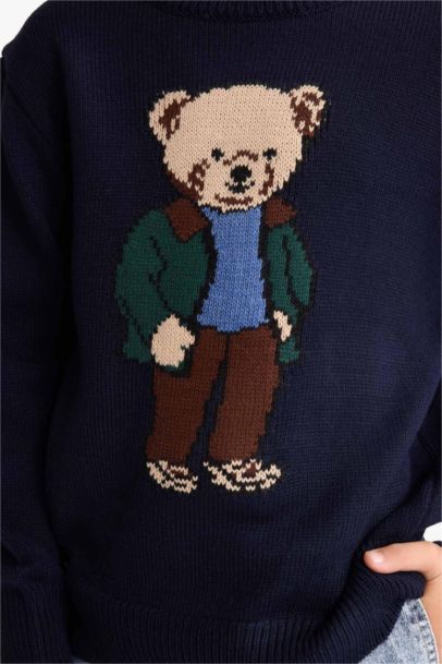 Boy Crew Neck Teddy Bear Printed Knit Pullover