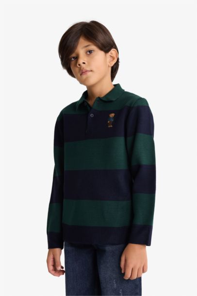 Boy Polo Neck Color Block Knit Pullover