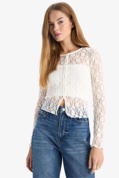 Slim Fit Crew Neck Lace Cardigan