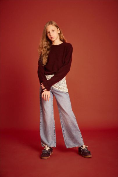 بلوفر تريكو بناتي مكشكش قصة عادية بياقة مستديرة