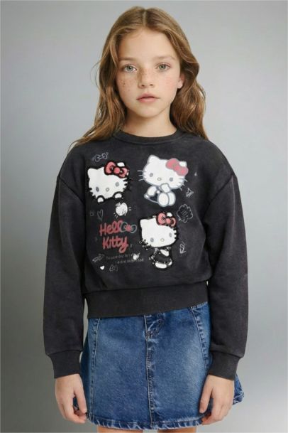 Hello Kitty Overshirt Fit Bisiklet Yaka Sweatshirt Kız Çocuk