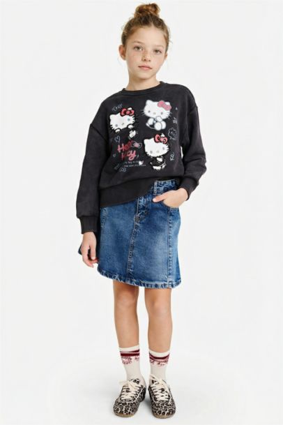 Hello Kitty Overshirt Fit Bisiklet Yaka Sweatshirt Kız Çocuk