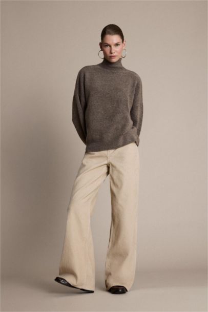 بنطلون مخمل قطيفة وايد ليج برجل واسع بجيب وخصر عالي