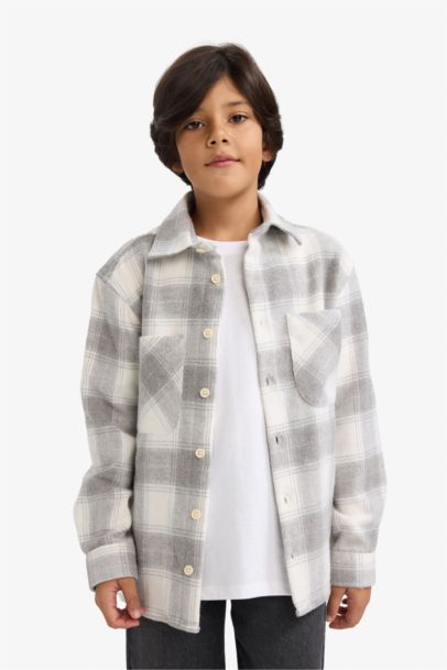 Boy Oversize Loose Fit Polo Neck Plaid Flannel Shirt