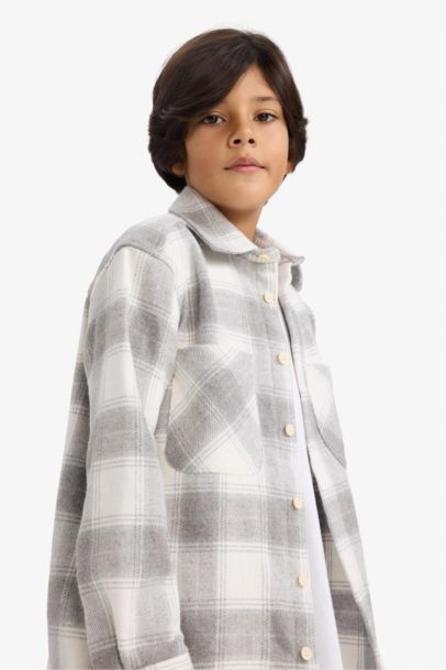 Boy Oversize Loose Fit Polo Neck Plaid Flannel Shirt
