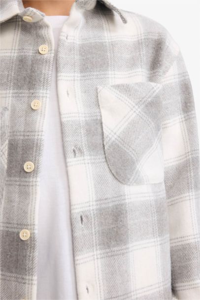 Boy Oversize Loose Fit Polo Neck Plaid Flannel Shirt