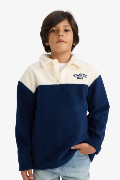 Oversize Geniş Kalıp Polo Yaka Yarım Fermuarlı Baskılı Polar Sweatshirt Erkek Çocuk
