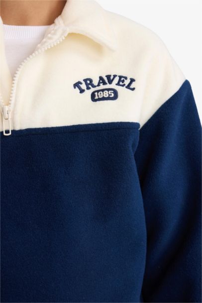 Oversize Geniş Kalıp Polo Yaka Yarım Fermuarlı Baskılı Polar Sweatshirt Erkek Çocuk