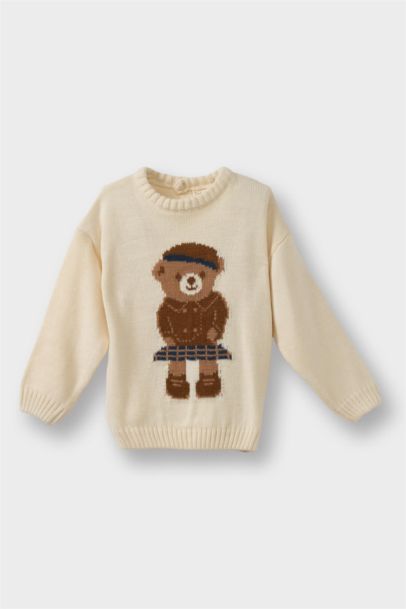 Büyük Yaka Ayı Baskılı Triko Kazak Kız Bebek