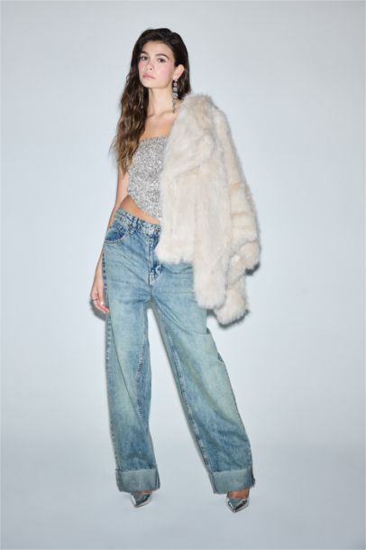 Straight Fit High Waist Denim Trousers