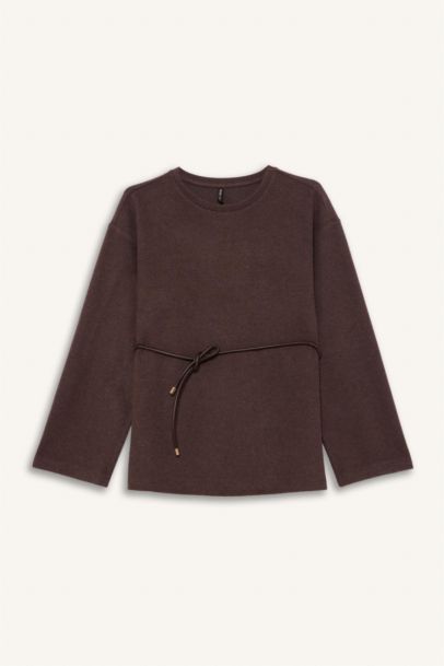 Regular Fit Bisiklet Yaka Bağlama Detaylı Selanik Uzun Kollu Bluz