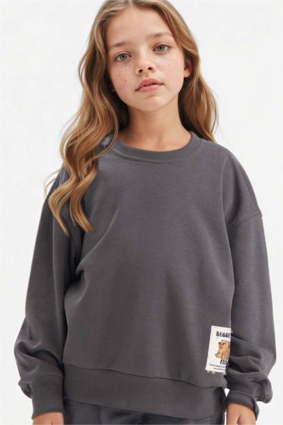 Kız Çocuk Oversize Geniş Kalıp Bisiklet Yaka Sırt Baskılı Sweatshirt 