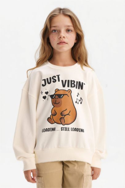 Relax Fit Bisiklet Yaka Baskılı Sweatshirt Kız Çocuk