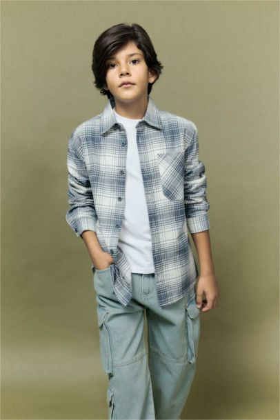 Boy Oversize Fit Plaid Long Sleeve Shirt