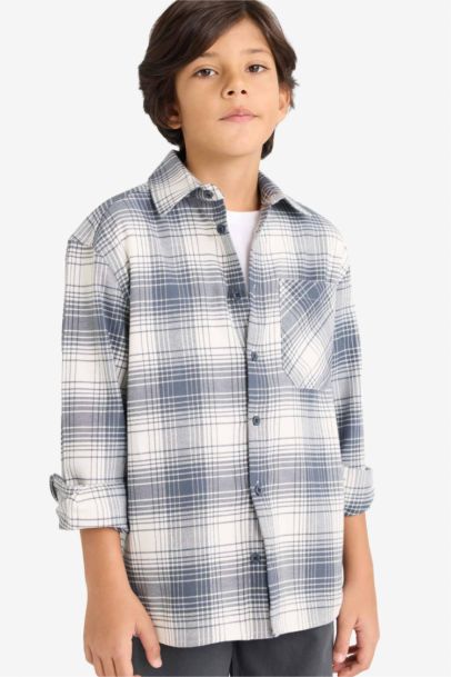 Boy Oversize Fit Plaid Long Sleeve Shirt