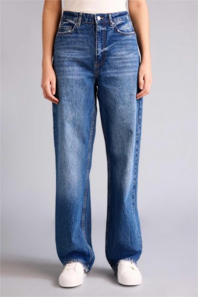 Jean pantalon délavé long taille haute Coupe droite