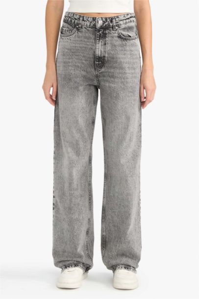 Straight Fit High Waist Long Washed Jeans