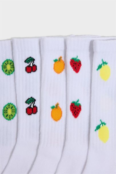 Kadın Meyve Desenli 5'li Pamuklu Uzun Çorap