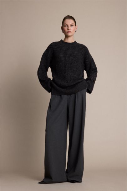 Loose Fit Bisiklet Yaka Simli Kumaş Triko Kazak Tunik