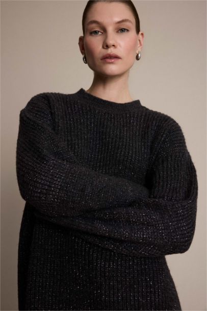 Loose Fit Bisiklet Yaka Simli Kumaş Triko Kazak Tunik