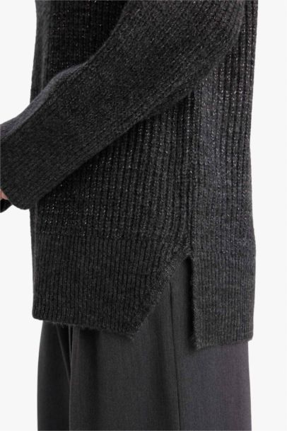 Loose Fit Bisiklet Yaka Simli Kumaş Triko Kazak Tunik