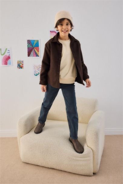 Boy Oversize Fit Polo Collar Waffle Long Sleeve Shirt