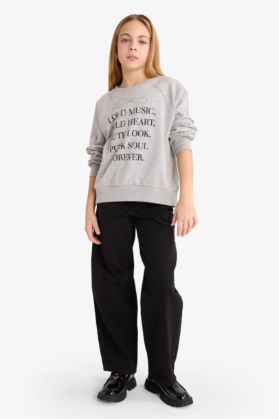 Relax Fit Bisiklet Yaka Baskılı Sweatshirt Kız Çocuk