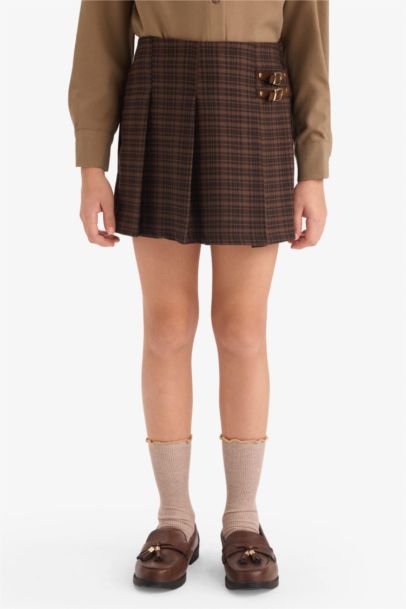 Pileli Kareli Süet Şort Etek Kız Çocuk