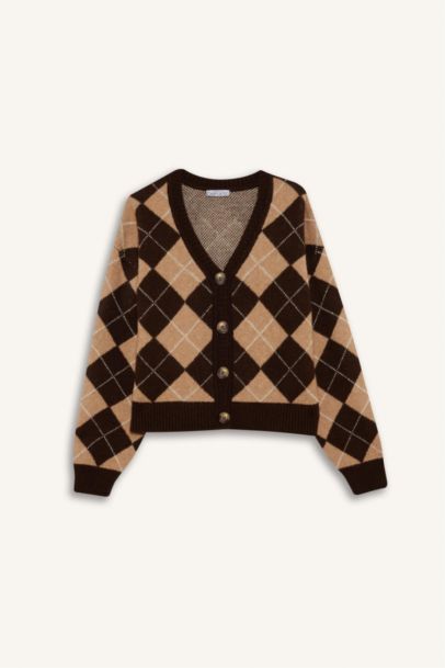 Обычный покрой, V-образный вырез, кардиган с пуговицами и ромбовидным узором