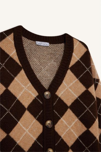 Обычный покрой, V-образный вырез, кардиган с пуговицами и ромбовидным узором