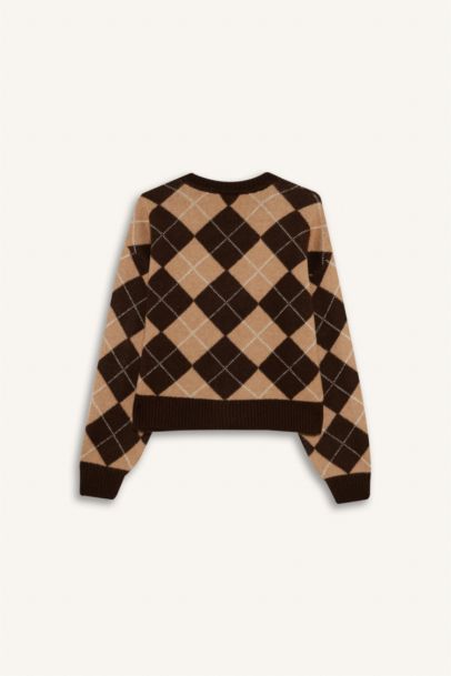 Обычный покрой, V-образный вырез, кардиган с пуговицами и ромбовидным узором