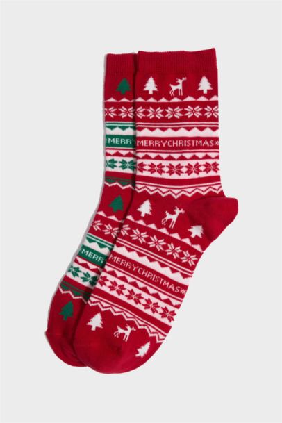 Kadın Kutulu Yılbaşı Temalı 2'li Pamuklu Uzun Çorap