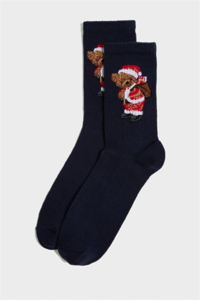 Erkek Yılbaşı Temalı Ayı Baskılı 2'li Pamuklu Uzun Çorap