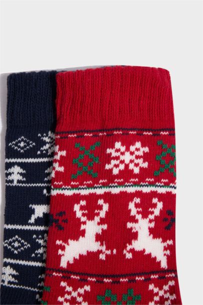 Erkek Yılbaşı Temalı Yeni Yıl Baskılı 2'li Pamuklu Kışlık Çorap