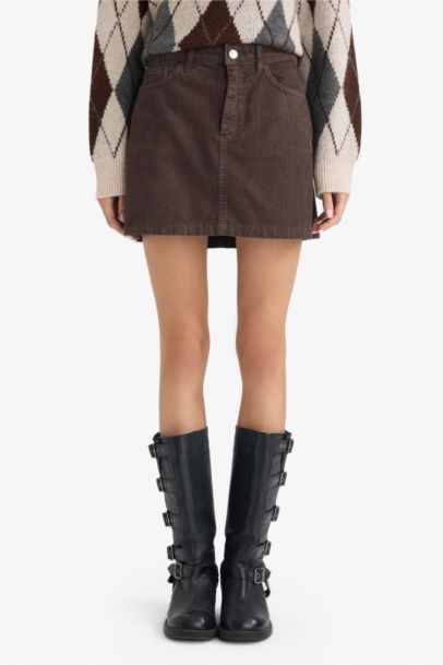 A Kesim Normal Bel Fitilli Kadife Mini Etek