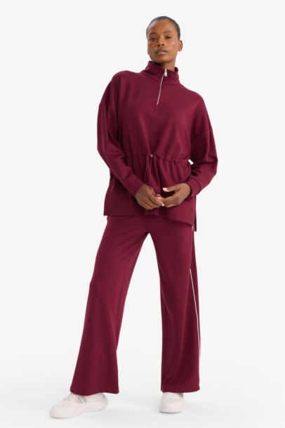 Long Fit Stand Collar Elastic Waist Half Zippered Sports Sweatshirt