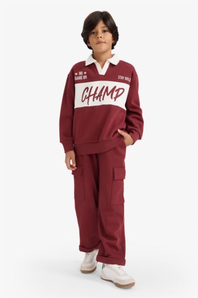 Oversize Geniş Kalıp Polo Yaka Baskılı İçi Yumuşak Tüylü Sweatshirt Erkek Çocuk