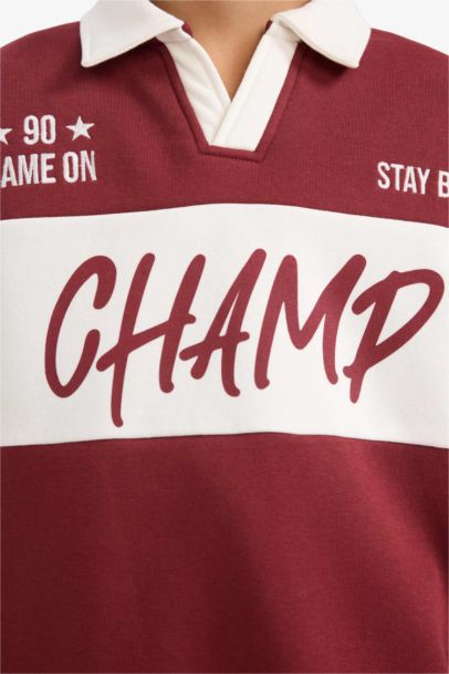 Oversize Geniş Kalıp Polo Yaka Baskılı İçi Yumuşak Tüylü Sweatshirt Erkek Çocuk