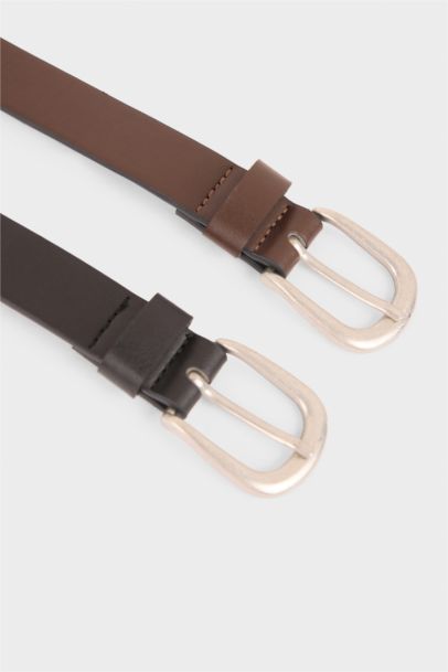 Erkek Oval Toka Suni Deri 2'li Klasik Kemer