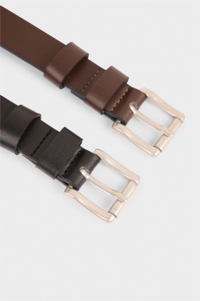 Erkek Dikdörtgen Toka Suni Deri 2'li Klasik Kemer