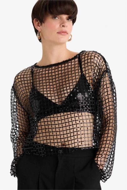 بلوزة ردن طويل بياخة مستديرة بالترتر