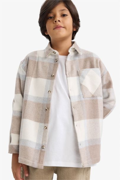 Overshirt Fit Polo Yaka Ekose Desenli Flanel Uzun Kollu Gömlek Erkek Çocuk