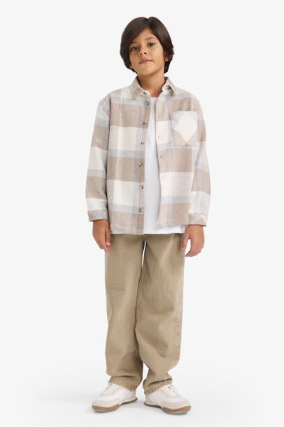 Overshirt Fit Polo Yaka Ekose Desenli Flanel Uzun Kollu Gömlek Erkek Çocuk