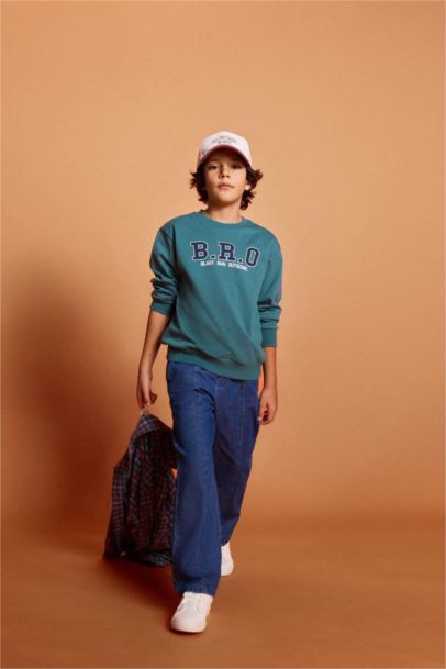 2'li Takım Baskılı Sweatshirt Jean Pantolon Erkek Çocuk