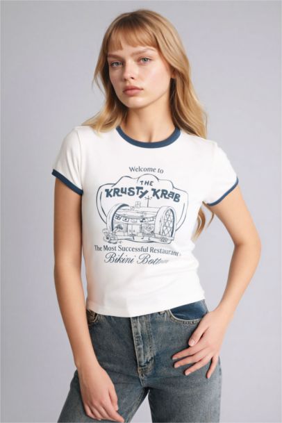 Футболка SpongeBob Fitted в рубчик с круглым вырезом принтом и коротким рукавом